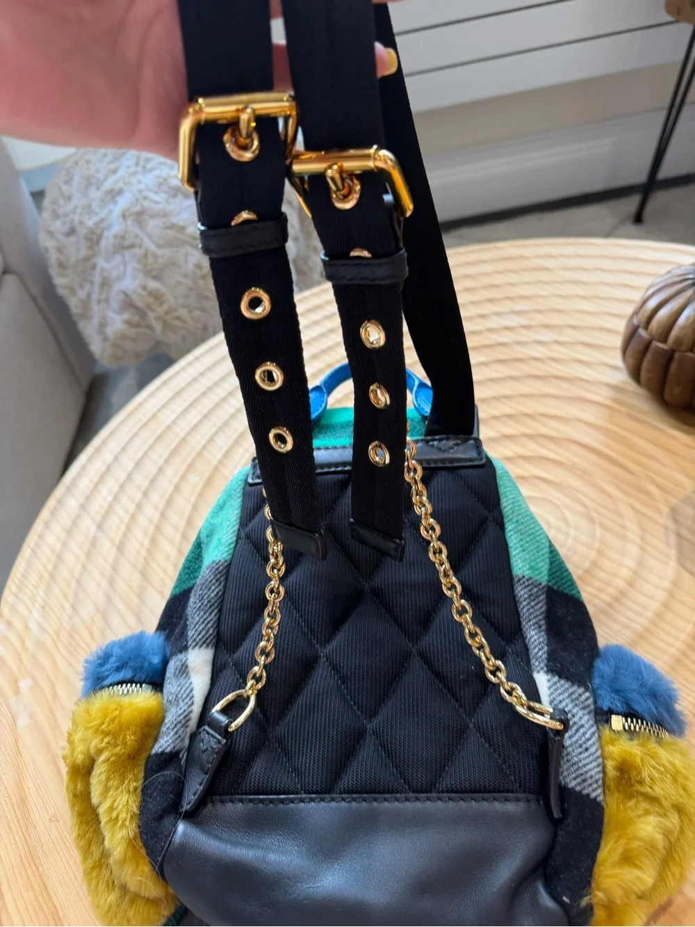 Runway Burberry Green and Blue Faux-Fur Drawstring Backpack with Yellow Accents